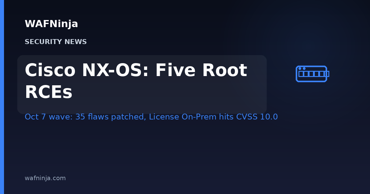 Cisco's October 7 NX-OS Advisory Wave Fixes Five Unauthenticated Root Code-Execution Bugs in Nexus Switches — Plus a CVSS 10.0 License On-Prem Flaw That No Configuration Can Mitigate